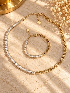 Gold Crystal Baguette Tennis Necklace & Bracelet Jewelry Set